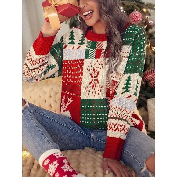 Women's Sweater Christmas Pattern Drop Shoulder Grandmacore Plus Size 3XL - Picture 2 of 11